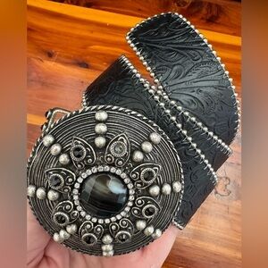 Leatherock Leather studded Belt embellished black stones buckle embossed